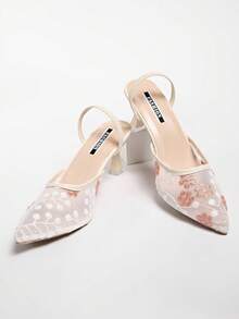 新款中国风白色高跟穆勒鞋，尖头蕾丝刺绣可转换凉鞋，女士款 - 粉色 - 查看 5