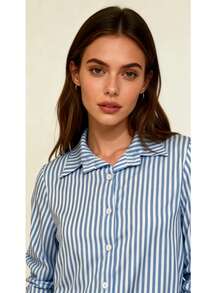 Steve Store Women's Fashion Striped Long-Sleeved Button-Down Shirt, Elegant And . - azul 02 - 查看 4