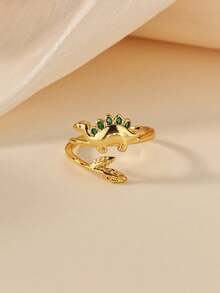 可爱绿色锆石恐龙戒指，男女皆宜，18k镀金恐龙叶子开口可调节戒指，动物饰品，是假日、夏季海滩、旅行、派对、生日度假的完美配饰。 - 1 - 查看 2