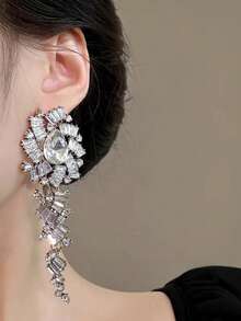 1 Pair Luxury Fully Rhinestone Long Tassel Earrings, Exaggerated Elegant Earrings For Birthday, Evening Party, Wedding - Silver - View 3