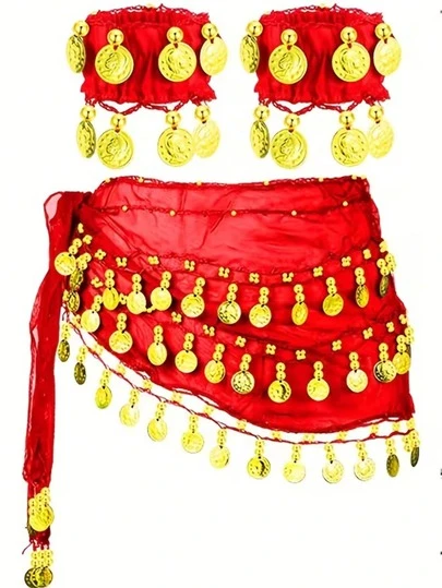 1 Set Belly Dance Hip Scarf With Bracelet, Belly Dance Skirt Wrap Belt With Wrist Ankle Bracelets, Dance Skirt Belt Waist Chain For Belly Dance, Zumba Or Yoga Class, Performance Costume
