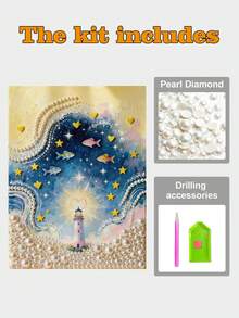 一套全新灯塔海鱼星空主题无框DIY手工珍珠贴纸套装，含珍珠，适合卧室装饰、客厅墙饰、房间装饰、艺术创作、生日礼物、婚礼季、复活节、母亲节等场合。 - 查看 7
