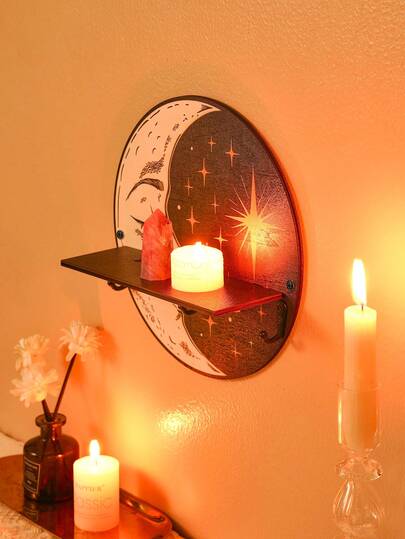 1pc Simple Moon-Shaped Round Wall Decor Floating Shelf, DIY Assembly, Lightweight Wooden Panel With Iron Hook Design, Wall-Mounted Storage Rack For Home, Living Room, Bedroom, Suitable For Decoration, Display, Candle Holder