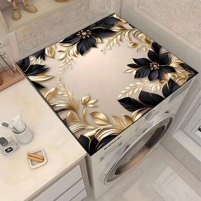 1件厨房台面垫，洗衣机和烘干机顶部保护垫，黑金花卉图案，洗衣机防尘罩，厨房配件，防滑，适用于洗衣房、浴室、家居装饰和房间装饰
