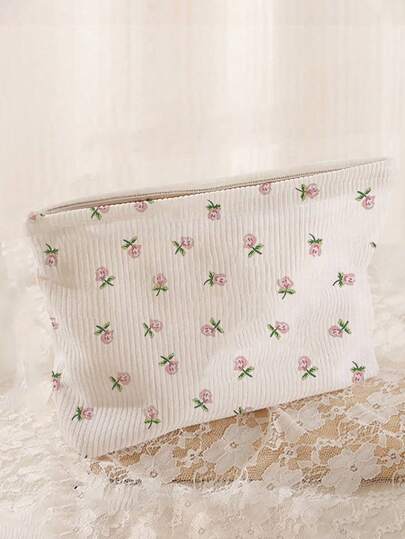 Rose Print Cosmetic Bag - Large Capacity Zipper Travel Makeup Organizer, Durable Fabric, Portable Daily Travel Makeup Pouch, Unisex, Perfect As Easter Or Mother's Day Gift, Ideal Choice For Friends And Family