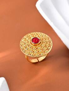 1pc Vintage Sultan's Collection Jewelry Inlaid Turquoise/Red/Emerald Stone Engraving Process Women Rings,Luxurious Elegant Jewelry For Women,Versatile Daily Wear,Exquisite Gift Idea,Perfect For Party,Banquet,Wedding Decor,Elegant Accessory With Delicate Design - Multicolor - Gold - View 4