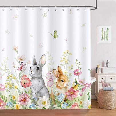 1 st duschdraperi med påskhare, söta kaninblommor, lämplig för badkarsavdelare i badrum, duschdraperidekoration i badrum, badrumstillbehör