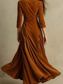 HERTALK Women's Button-Down Long Dress, Retro Three-Quarter Sleeve Asymmetrical Hem Vacation Dress - 棕色 - 查看 2