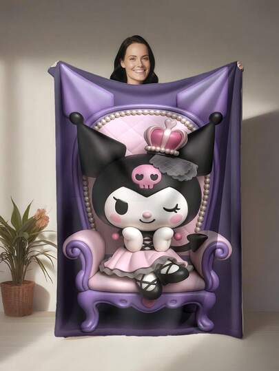 Sanrio Kuromi Theme Flannel Blanket, Light Purple Base Color With Bow, Skull And Other Iconic Elements, Cute And Edgy Style, Decorative And Practical, Suitable As Gift Or Home Decor, Can Be Used As Throw Blanket, Air Conditioning Blanket, Sofa Blanket, Great For Sofa, Bedroom, Camping, Travel, Practical And Commemorative