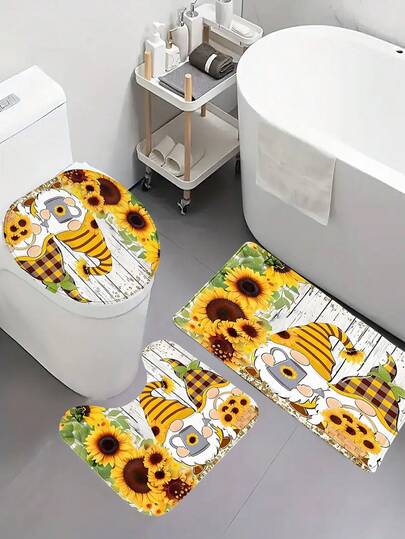 1pc/3pcs Spring Sunflower & Gnome Pattern Bathroom Mat, Foldable Easy Care Carpet Rug, Suitable For Bathroom Shower Area, Toilet Entrance, Bathroom Bedroom Living Room Dining Room Decor, Indoor Outdoor Non-Slip Mat, Home Decor, Holiday Gift