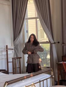 Áo blazer nữ thời trang công sở thanh lịch mùa xuân/thu với họa tiết xương cá, cổ ve áo kèm thắt lưng. - Lạc đà - Xem 5