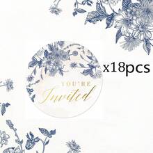Pegatinas "Estás invitado" con flores azules vintage de Mobiusea | 108 piezas de 1.38x1.38 pulgadas con texto dorado | Pegatinas para sellar sobres adecuadas para bodas, fiestas, invitaciones de boda, baby shower - Ver 13