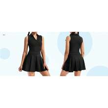 Plain Fitness Dress With Polo Collar And Built-In Shorts With Comfortable Pocket - 黑色 - 查看 4