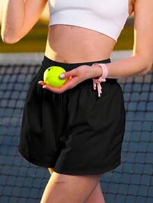 Girls Athletic Shorts Elastic High Waist 2 In 1 Shorts With Side Pockets Running Workout Sports For Teen Kids - màu đen - Xem 3