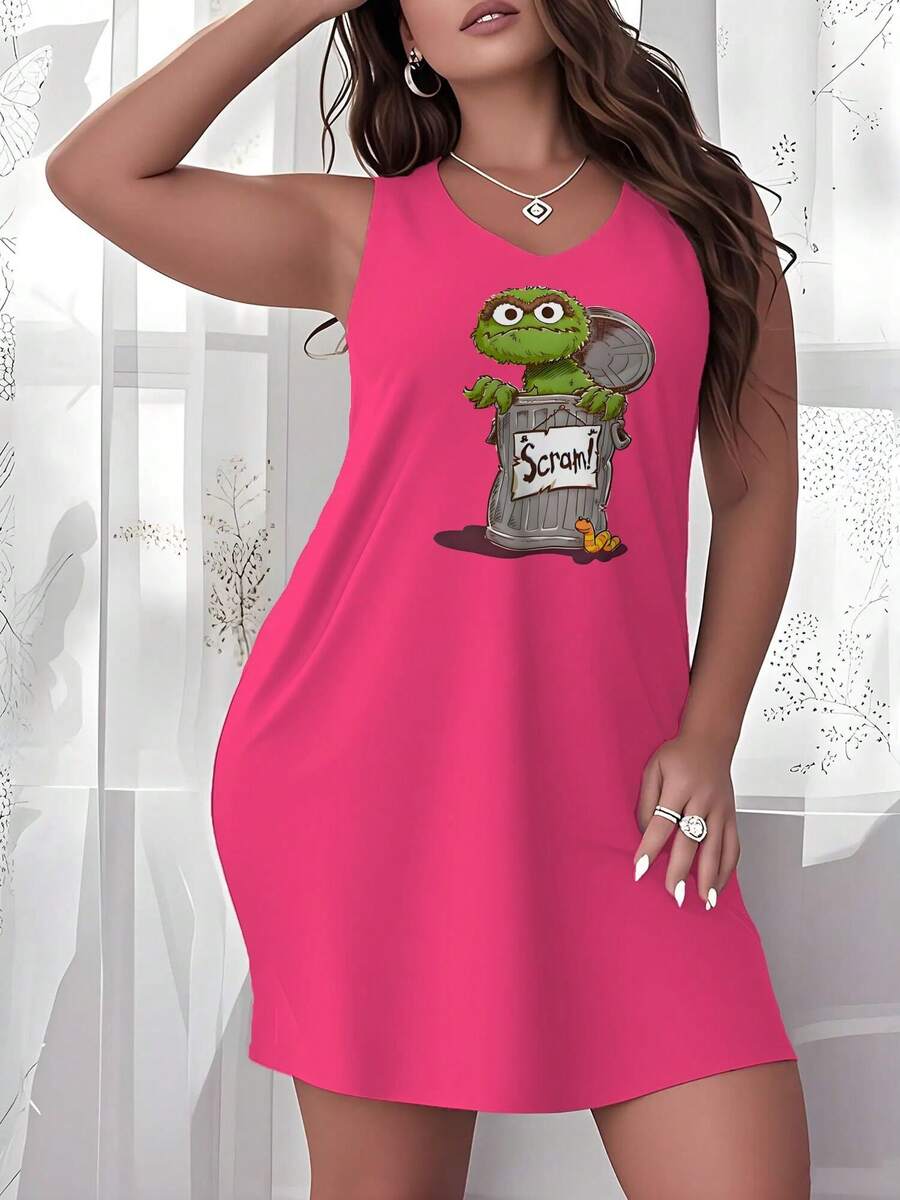 Womens Plus Size Oscar The Grouch Scram Nightdress, Cute Sleeveless Crew Neck Sleepwear Dress, Summer All-Season Beautiful Nightgown For Lady Girls Sleep Wear, Nice Gift For Lady - 粉色 - 查看 1