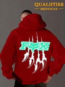 The Men's Style Is Suitable For Black Casual Fashion In Spring And Autumn Or Winter, Integrating Hardcore Extreme Sports Culture With American Street Style Hooded Plush Warm Hooded Sweatshirt. The Bold And Wild "FOX" Words On A Red Background And White Border Are The Core Visual, Matched With White Claw Print, And The Arms Are Also Printed With Corresponding FOX Patterns. The Multi-Functional Sports And Casual Loose Fit Is Suitable For Daily Travel And Street Wear, Made Of Soft Fabric - Burgundy - View 2