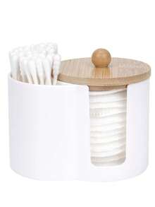 2-In-1 Bathroom Vanity Organizer For Swabs And Makeup Remover Pads, Connected Storage Container With Open Side Section And Round Lidded Compartment For Dressing Table And Countertop Organization - View 2