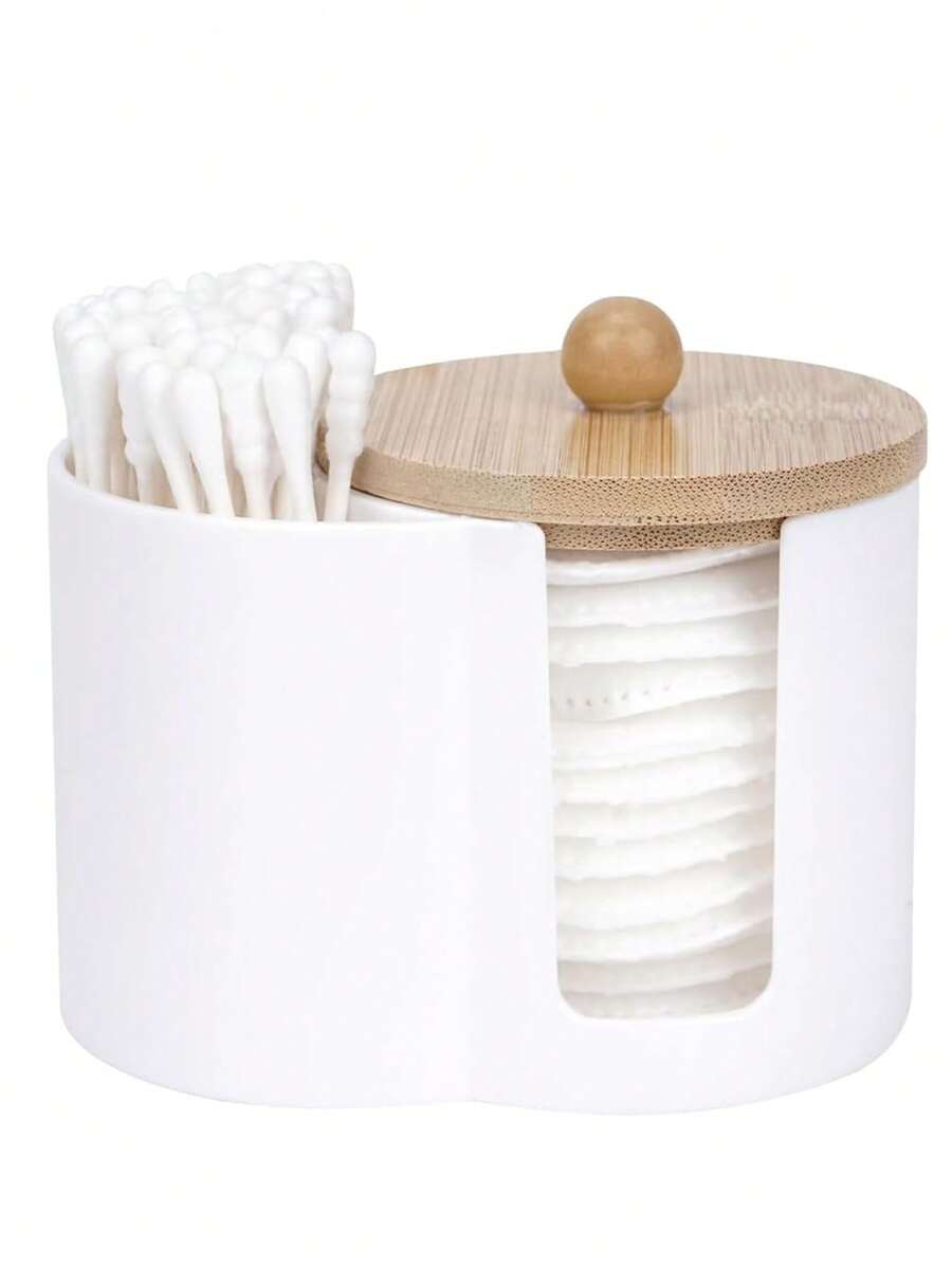 2-In-1 Bathroom Vanity Organizer For Swabs And Makeup Remover Pads, Connected Storage Container With Open Side Section And Round Lidded Compartment For Dressing Table And Countertop Organization