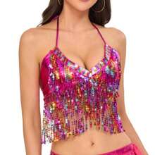 1pc Glitter Fringe Belly Dance Costume Set, Bohemian Vintage Style, Suitable For Festivals, Parties, Nightclubs, Beaches, Exotic Outfit Decor - Multicolor - View 12