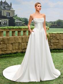 Elegant, Noble And Cute White Satin Faux Pearl Decor Style A-Line White Wedding Dress Bridal Gown With Train Spring - White - View 3