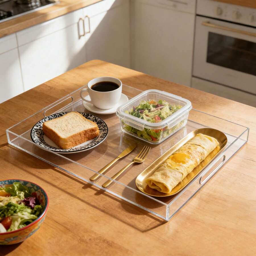 Clear Sturdy Acrylic Serving Tray, 18.9 X 18.9 Inch Clear Sturdy Acrylic Square Tray With Handles Spill Proof Square Decorative Tray For Coffee Table, Bathroom, Vanity - View 1