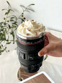 400ml Stainless Steel Travel Coffee Mug With Lid, Camera Lens Shaped, Black Couple Design, Ideal Gift For Photography Enthusiasts - Black - View 8