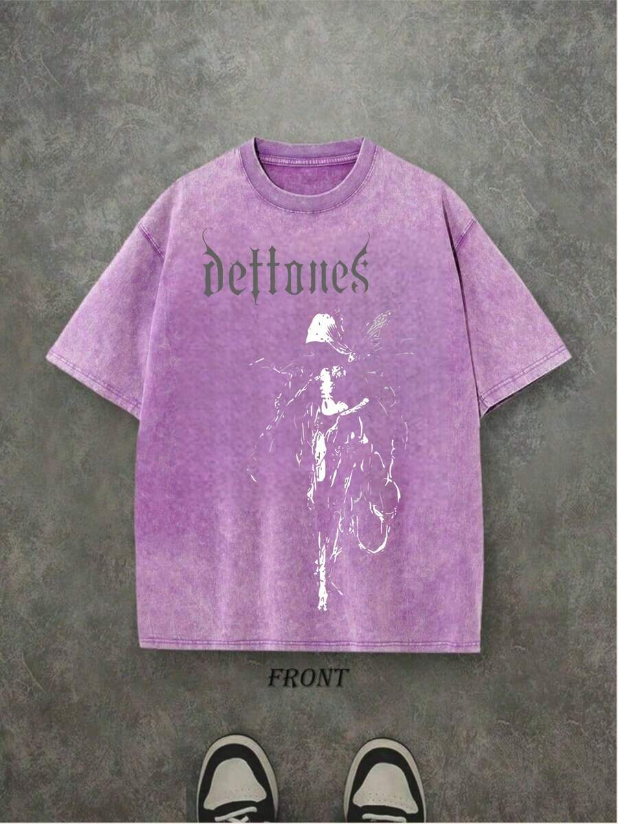 Retro Limited Edition Retro Sub-Tone T-Shirt, Rock Band Heavy Metal Neutral Cotton Pattern Washed TeeGothic Punk Grunge Emo Y2K Clothes, Rock Music Merch..Jpg - 紫色 - 查看 1