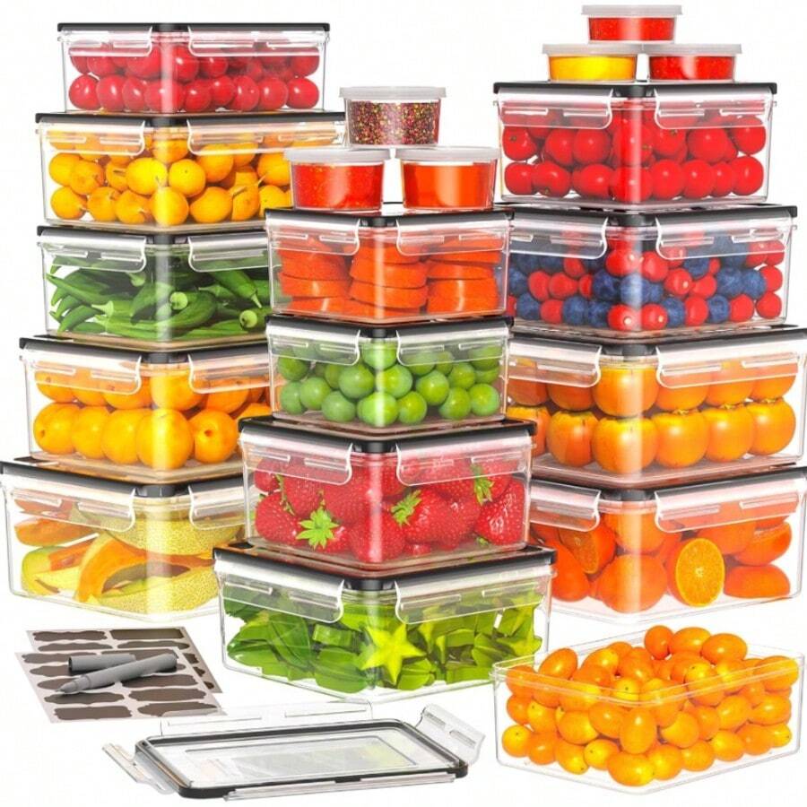 GHQ 40pc-Piece Food Storage Box Set Kitchen Storage Containers Lunch Boxes Stackable Reusable Snack & Lunch Boxes Plastic Snap-Fastening Storage Boxes With Attached Labels & Markers For Food Storage & Kitchen Organization - Large Capacity - View 1