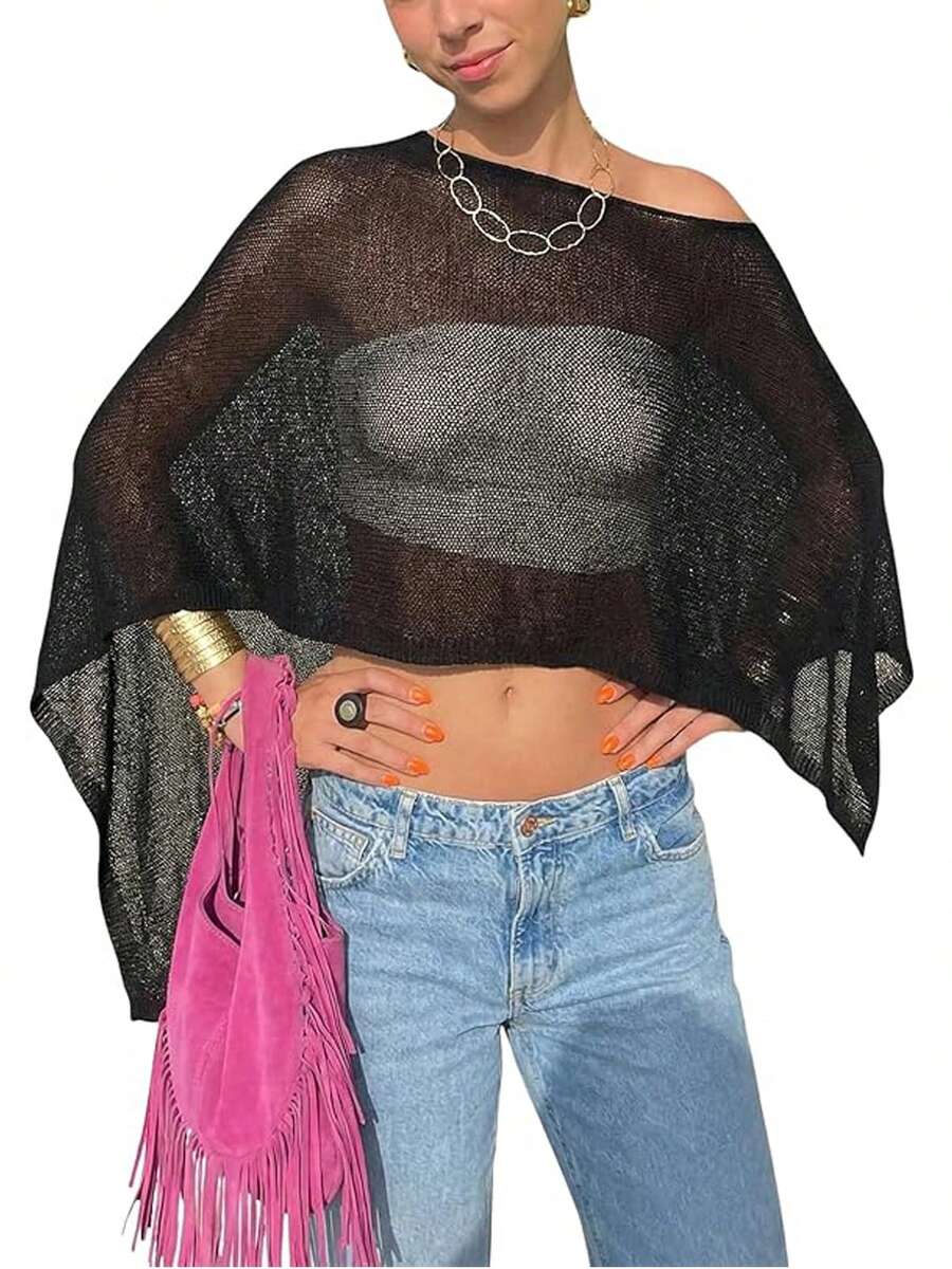 Women Sheer Mesh Poncho Top Crochet Knit Lightweight See Through Shawl Wrap Summer Oversized Loose Shrug Beachwear Swimsuit Bikini Cover Ups - 黑與白 - 查看 1