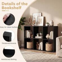 COSTWAY 6-Cube Open Bookshelf, Home 2-Tier Large Bookcase, Rustic Style Free-Standing Storage Shelf W/ Anti-Toppling Kit, 2-Pcs Display Shelf, Open-Back Storage Unit Organizer For Study, Bedroom, Living Room, Black - A - View 5