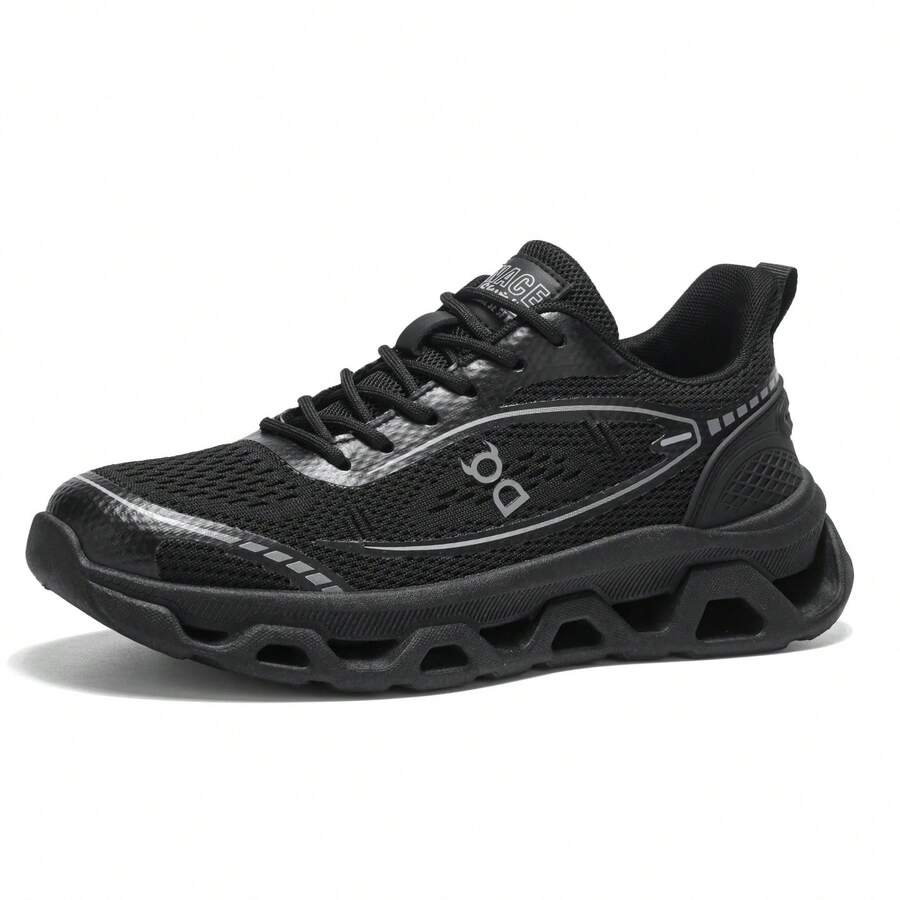 Women's Casual Sports Shoes, Black Letter & Geometric Pattern, Sports Knit Lace-Up, Lightweight Elastic Comfortable Outsole, Tennis Shoes For Vacation, Outdoor, All Seasons, Campus, Running