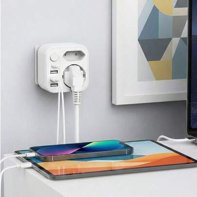 CILIA 6-In-1 European Travel Plug Adapter 3680W EU Wall Outlet Extender With 1 USB-C & 3 USB-A Ports, Portable Charging Station With Power Switch