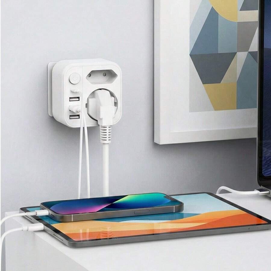 CILIA 6合1欧标旅行插头适配器,3680W欧盟墙壁插座延长器,带1个USB-C端口和3个USB-A端口,便携式充电站,带电源开关 - 查看 1