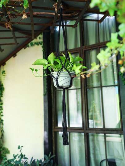 1pc Black Solid Color Handmade Woven Decorative Hanging Plant Holder Boho Modern Style Minimalist Basket Shape With Long Tassel Fringe And Knotted Rope Detail Indoor Outdoor Planter Hanger Space Saving Wall Ceiling Display For Living Room Bedroom Balcony Patio Apartment Garden Home Decor Pot Not Included