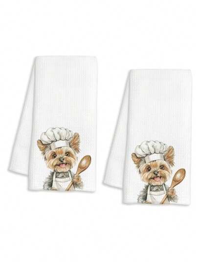 1/2/4 piezas Divertidas toallas de cocina con diseño de Yorkshire Terrier chef Yorkie - Diseño lindo de delantal de chef Yorkie con gorro de chef y cuchara, toallas de platos duraderas para mujeres, regalo para amantes de los perros, cocina con temática Yorkie