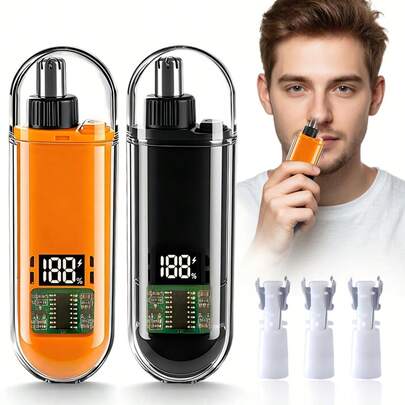 男士USB充电式电动耳鼻毛修剪器，配3个替换刀头，也可用于修剪眉毛和面部毛发，两种颜色可选，小巧便携，带数字显示屏，符合人体工程学设计，可精准修剪，男女皆宜。
