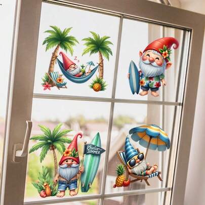夏季主题小矮人窗贴，采用 Relex 矮人沙滩贴纸，非常适合装饰玻璃表面和冰箱。这些窗贴是家居、办公室和派对用品的理想之选。