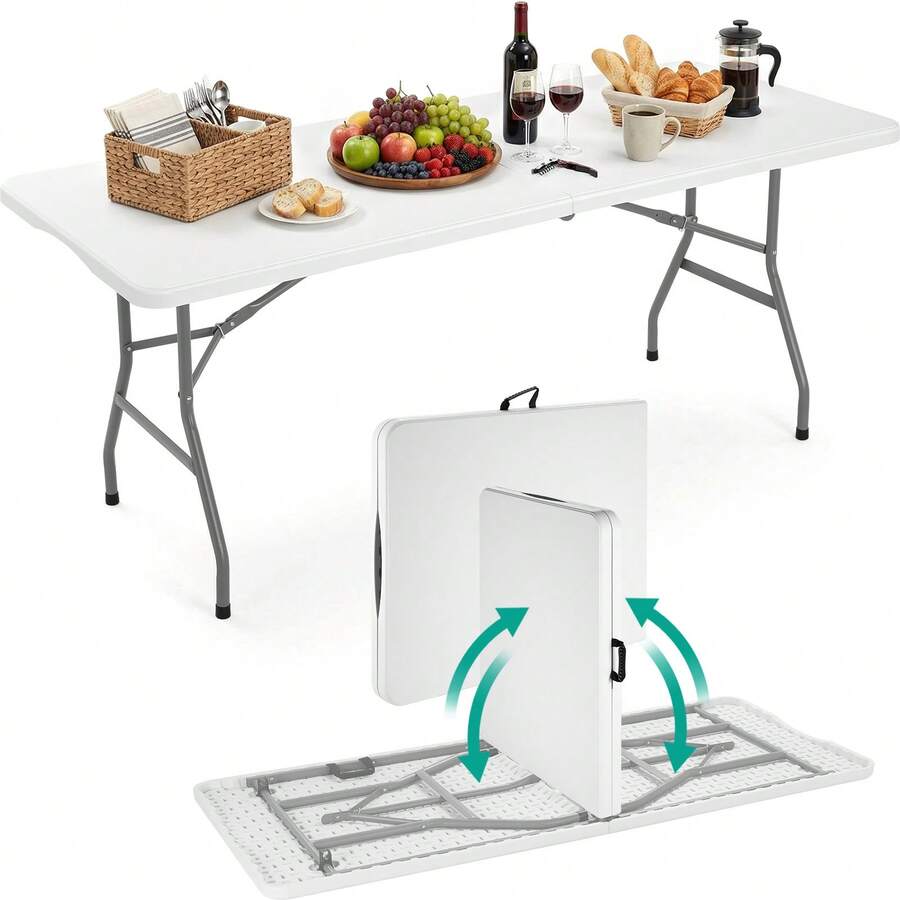 Folding Garden Table 180x75cm, Buffet Table, Camping Table With Carrying Handle, Folding Table For 10 People, Weatherproof Party Table For Garden, Patio, Balcony, BBQ, Up To 150kg - 白色的 - 查看 1