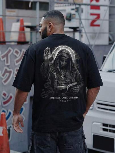  Camiseta de manga corta de cuello redondo con estampado de serpiente de religión oscura y estilo suelto de moda callejera casual de verano para hombres FRACTYR