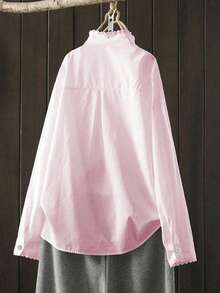 Women's Solid Color Long Sleeve Stand Collar Front Button Casual Shirt Spring - Light Pink - View 2