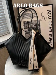 New Fashionable Multi-Functional Contrast Color & Striped Design Large Capacity Dual Handle Shoulder Tote Bag, Suitable For Travel, Shopping And Commuting, Decorated With Scarf Pattern, Elegant Ladies Wallet, Business Commuter Wallet - Black - View 8