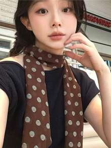 1pc Women's Brown Polka Dot Printed Scarf, Versatile Silk Necktie, 2026 New Headband Hair Tie Long Scarf - Multicolor - View 1