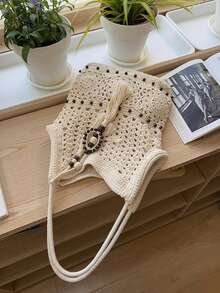 Túi tote dệt rỗng mới mùa Xuân/Hè 2026, túi đeo vai nữ thích hợp cho đi biển, nghỉ mát, công sở, thường ngày, đi làm, mua sắm, hẹn hò, du lịch, đi học và sử dụng hàng ngày. - Màu be - Xem 6