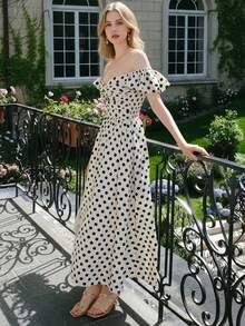 2025 Spring/Summer New French Style Polka Dot Dress, Waist-Cinching Design, Flattering, Spaghetti Strap Dress Elegant - Apricot - View 6