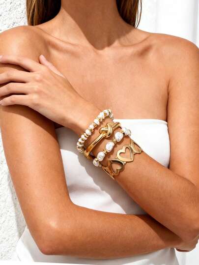 1 Set de pulsera elegante estilo barroco bohemio con perlas + pulsera con diseño de corazón hueco, adecuado para uso diario, playa, té de la tarde, superposición, eventos, festivales