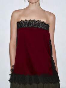 Women Off Shoulder Lace Satin Tube Tops For Summer - 酒紅色 - 查看 2