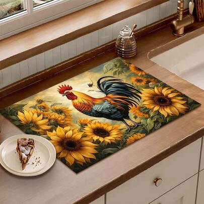 1pc Absorbent Drying Mat, Traditional Chicken & Floral Illustration Kitchen Decor, Coffee Machine Pad, Handmade Coffee Pot Drip Mat, Kitchen Floor Mat, Dining Table Mat, Kitchen Counter Dish Drying Mat, Breakfast Mat, Heat-Resistant Anti-Slip Drying Mat, Diatomite Drying Mat, Hides Stains, Super Absorbent Kitchen Mat, Easy To Clean Dish Rack Mat, Suitable For Kitchen, Dining Table, Coffee Shop, Bar, Holidays, Parties, Home Decor, Holiday Gifts