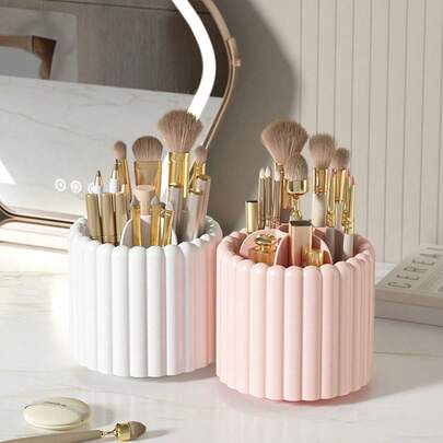 Rotatable Transparent Cosmetic Storage Box, Multi-Functional Student Stationery Pen Holder, Waterproof Dustproof Bathroom Storage Box, Makeup Brush Holder, Large Capacity Detachable Desktop Organizer Rotating Pen Cup, Vanity Desk Skincare Products Organizer, Gift For Women