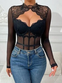 RAHQ 1 bộ áo liền thân ren đen cổ cao khoét eo - phối ren lưới gợi cảm, thời trang hẹn hò, đi nghỉ mát, thanh lịch - màu đen - Xem 3