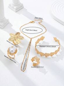 5pcs Gold Feather Flower Bracelet Rings Set, Summer Vacation Style Floral Jewelry Set, Finger To Wrist Chain, Bohemian Style - Multicolor - View 4